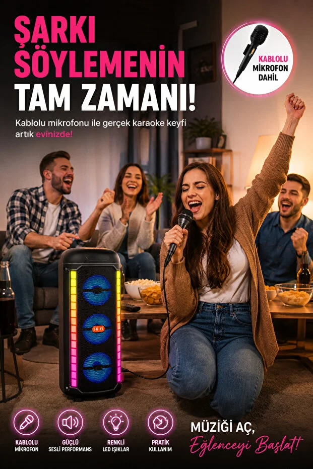Bluetooth Hoparlör Parti Hoparlörü Karaoke Mikrofon Hediyeli Işıklı Ses Bombası Radyo Usb Sd Girişli Bluetooth Hoparlör Parti Hoparlörü Karaoke Mikrofon Hediyeli Işıklı Ses Bombası Radyo Usb Sd Girişli